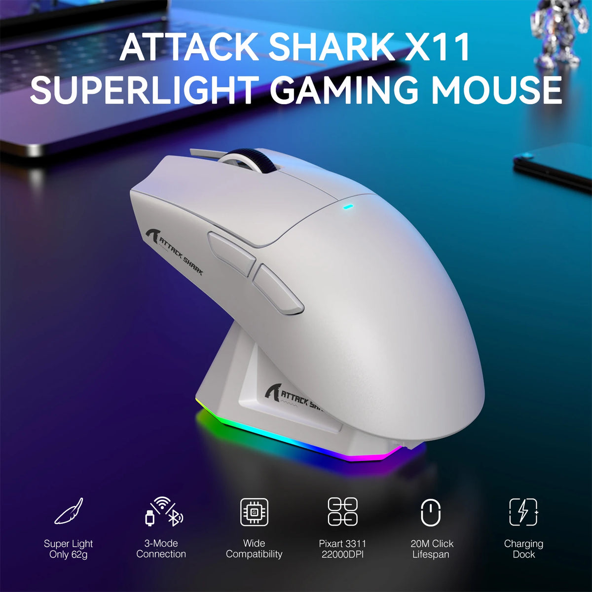 Attack Shark X11 Wireless Gaming Mouse With RGB 22000 DPI